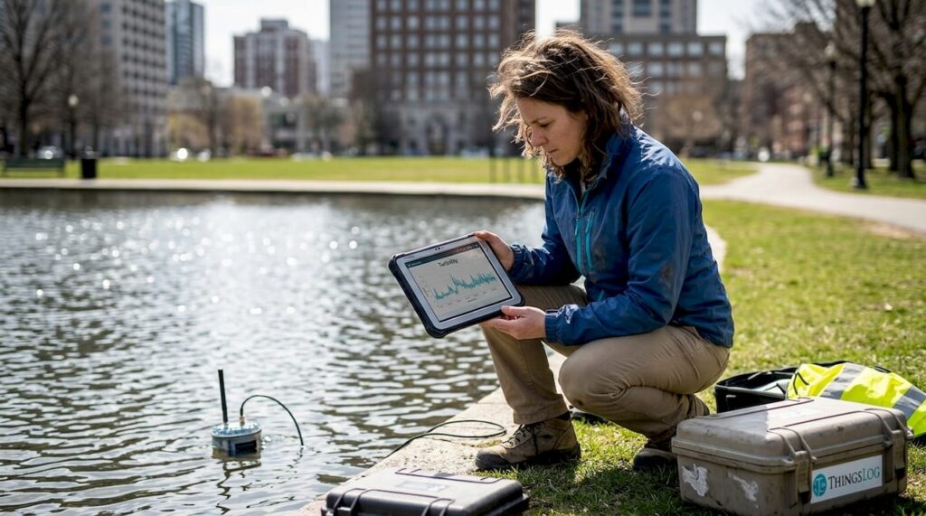 Technician checks IoT sensor by city pond