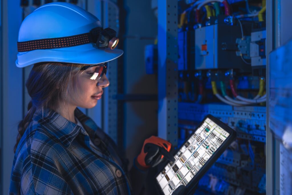 Female electrician checks control cabinet in blue light. Electrical inspection.
