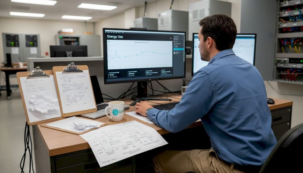 Energy manager viewing real-time monitoring dashboard