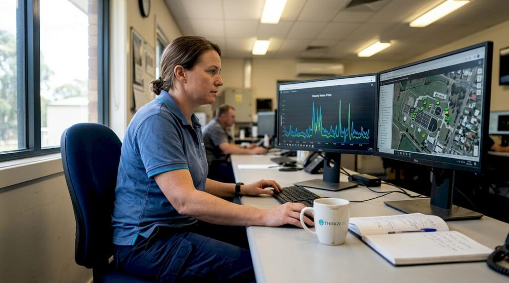 Engineer checks live IoT water data screens