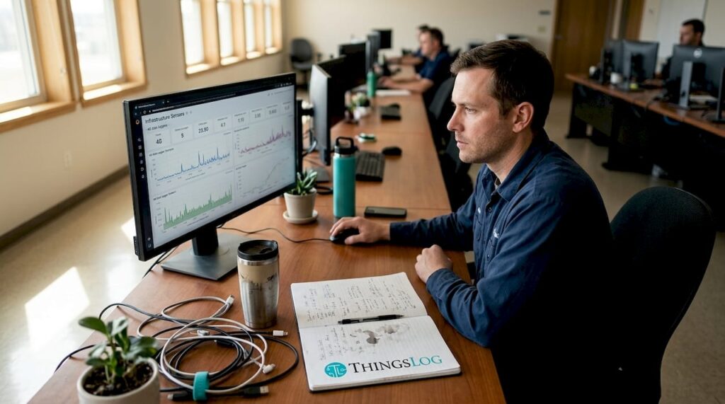 Technician reviewing 4G data logger dashboard